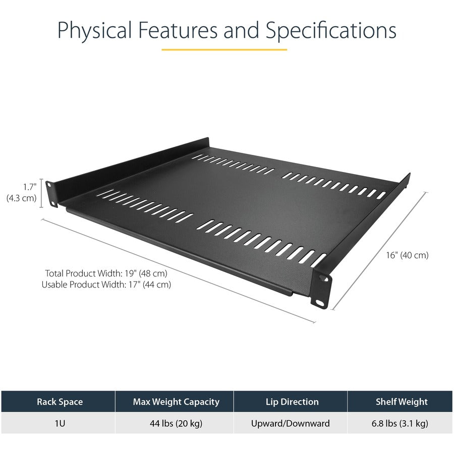 StarTech.com 1U Vented Server Rack Cabinet Shelf - Fixed 16" Deep Cantilever Rackmount Tray for 19" Data/AV/Network Enclosure w/Cage Nuts CABSHELF116V