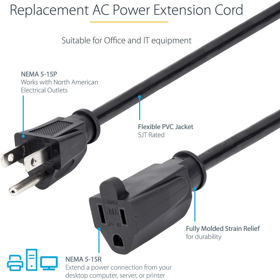 StarTech.com 3ft (1m) Power Extension Cord, NEMA5-15R to NEMA5-15P Black Extension Cord, 13A 125V, 16AWG, Computer Power Extension Cable PAC1013