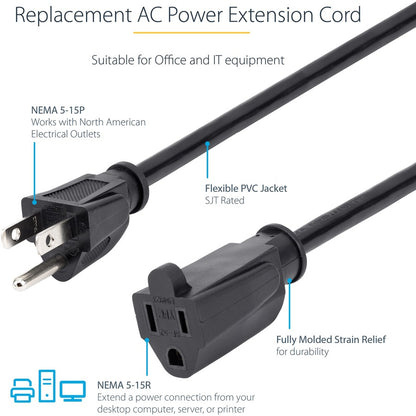 StarTech.com 1ft (0.3m) Short Extension Cord, NEMA5-15R to NEMA5-15P Black Extension Cord, 13A 125V, 16AWG, Computer Power Extension Cable PAC101