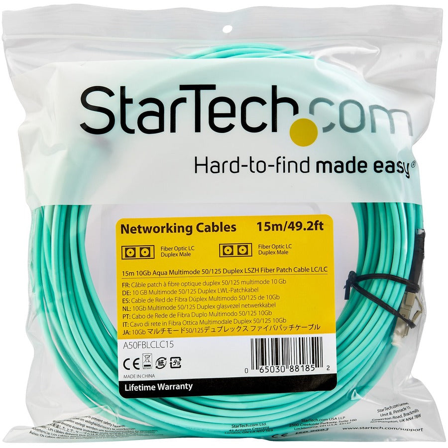 StarTech.com 15m OM3 LC to LC Multimode Duplex Fiber Optic Patch Cable - Aqua - 50/125 - LSZH Fiber Optic Cable - 10Gb (A50FBLCLC15) A50FBLCLC15