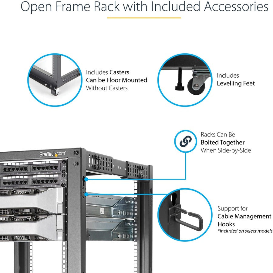 StarTech.com 4-Post 8U Mobile Open Frame Server Rack, 19in Network Rack with Casters, Small Rolling Rack for Computer/AV/Data/IT Equipment 4POSTRACK8U