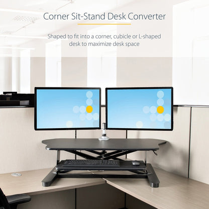 StarTech.com Corner Sit Stand Desk Converter with Keyboard Tray, Large Surface 35"x21" , Height Adjustable Ergonomic Tabletop Standing Desk ARMSTSCORNR