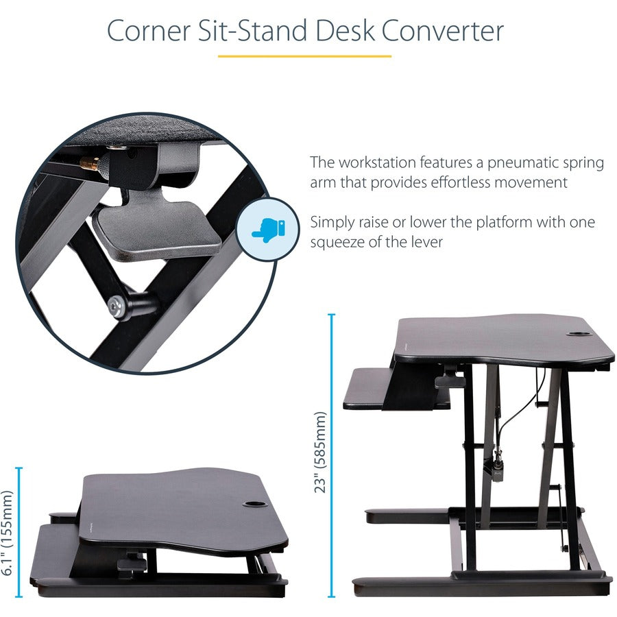 StarTech.com Corner Sit Stand Desk Converter with Keyboard Tray, Large Surface 35"x21" , Height Adjustable Ergonomic Tabletop Standing Desk ARMSTSCORNR