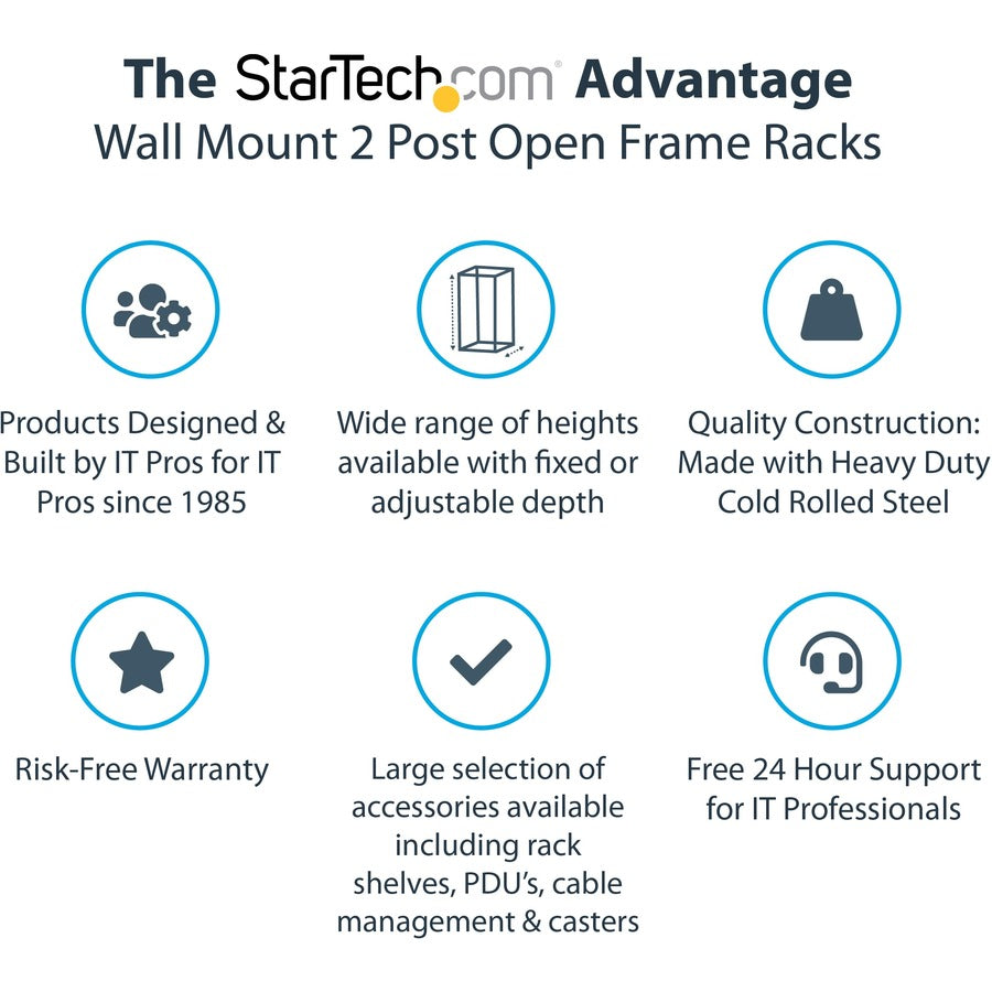 StarTech.com 2-Post 21U Heavy-Duty Wall Mount Network Rack, 19" Open Frame Server Rack with Adjustable Depth, Data Rack for IT Equipment~ RACK-21U-20-WALL-OA