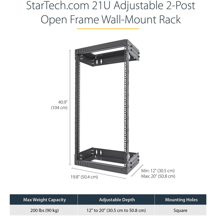 StarTech.com 2-Post 21U Heavy-Duty Wall Mount Network Rack, 19" Open Frame Server Rack with Adjustable Depth, Data Rack for IT Equipment~ RACK-21U-20-WALL-OA