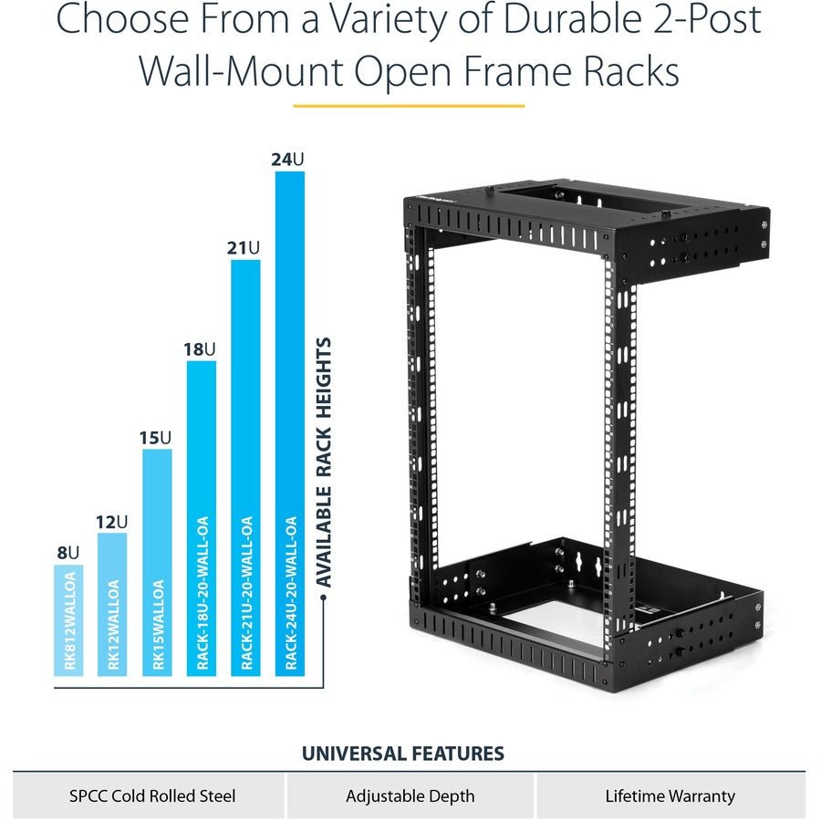 StarTech.com 2-Post 21U Heavy-Duty Wall Mount Network Rack, 19" Open Frame Server Rack with Adjustable Depth, Data Rack for IT Equipment~ RACK-21U-20-WALL-OA