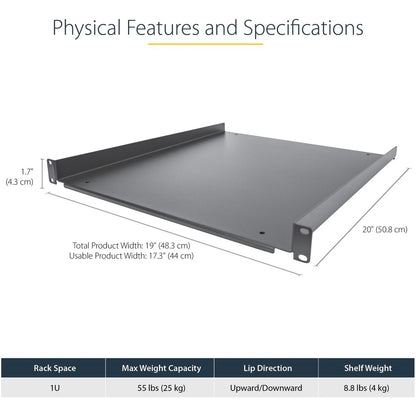 StarTech.com 1U Server Rack Cabinet Shelf - Fixed 20" Deep Cantilever Rackmount Tray for 19" Data/AV/Network Enclosure w/cage nuts, screws SHELF-1U-20-FIXED-S