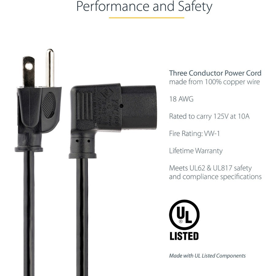 StarTech.com 6ft (2m) Computer Power Cord, NEMA 5-15P to Right Angle C13, 10A 125V, 18AWG, Replacement AC Power Cord, Monitor Power Cable PXT101L