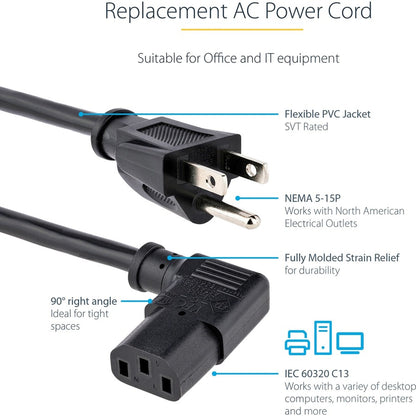 StarTech.com 6ft (2m) Computer Power Cord, NEMA 5-15P to Right Angle C13, 10A 125V, 18AWG, Replacement AC Power Cord, Monitor Power Cable PXT101L