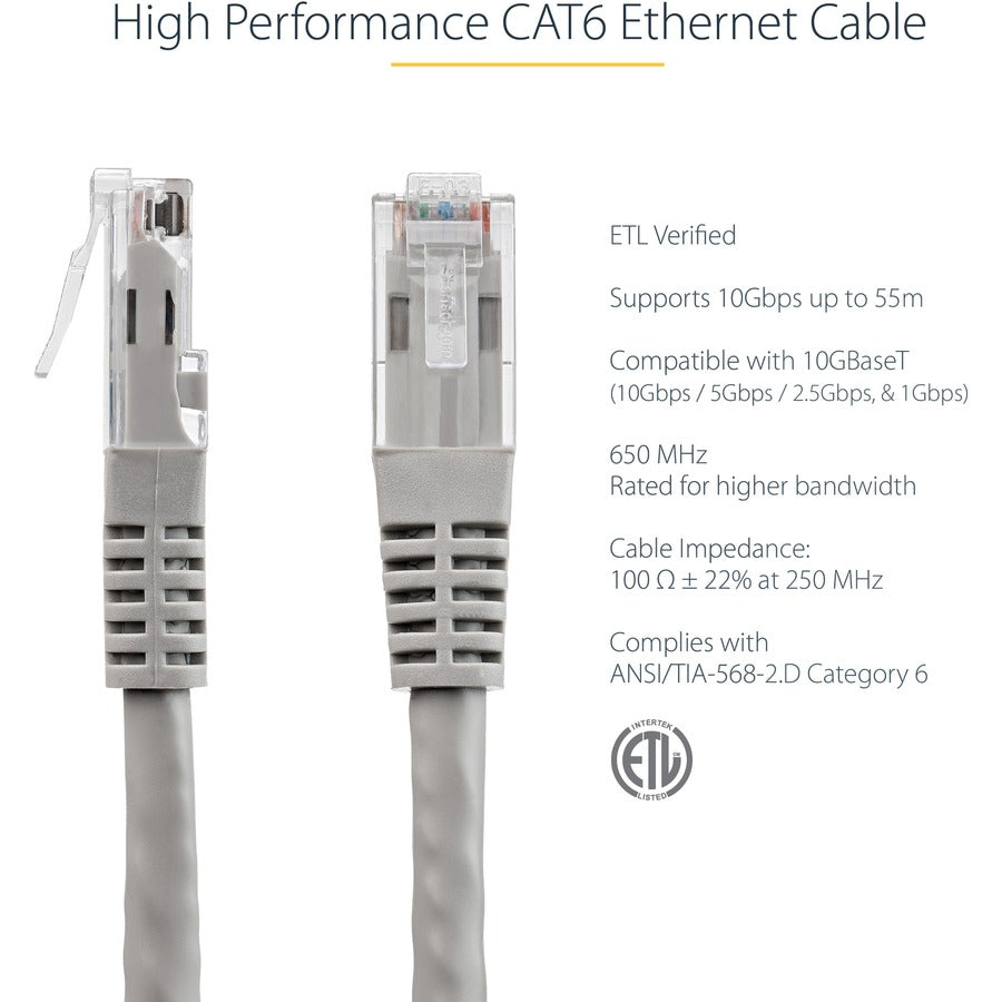 StarTech.com 25ft CAT6 Ethernet Cable - Gray Molded Gigabit - 100W PoE UTP 650MHz - Category 6 Patch Cord UL Certified Wiring/TIA C6PATCH25GR