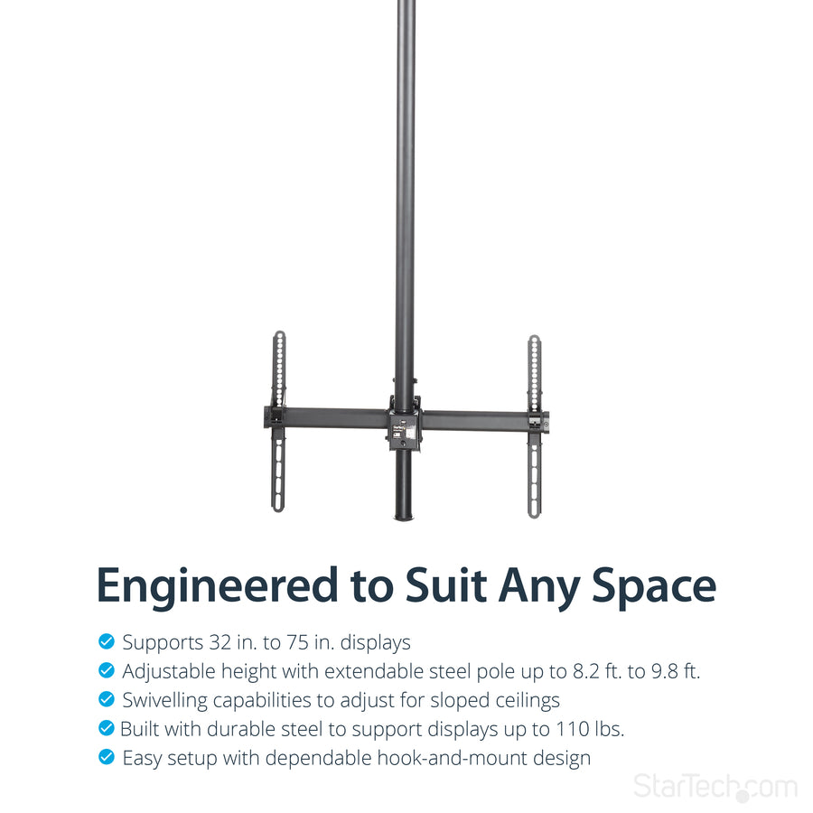 StarTech.com TV Ceiling Mount, Full-Motion Hanging Single Screen Vesa Mount for 32"-75" TVs / Displays - Height Adjustable Telescopic Pole FPCEILPTBLP