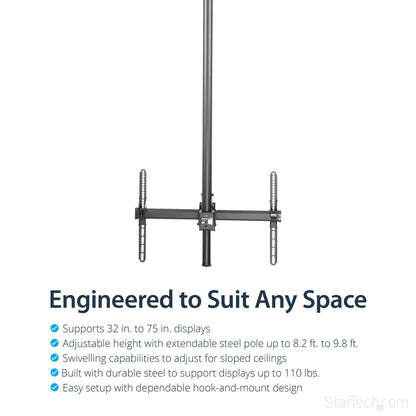 StarTech.com TV Ceiling Mount, Full-Motion Hanging Single Screen Vesa Mount for 32"-75" TVs / Displays - Height Adjustable Telescopic Pole FPCEILPTBLP