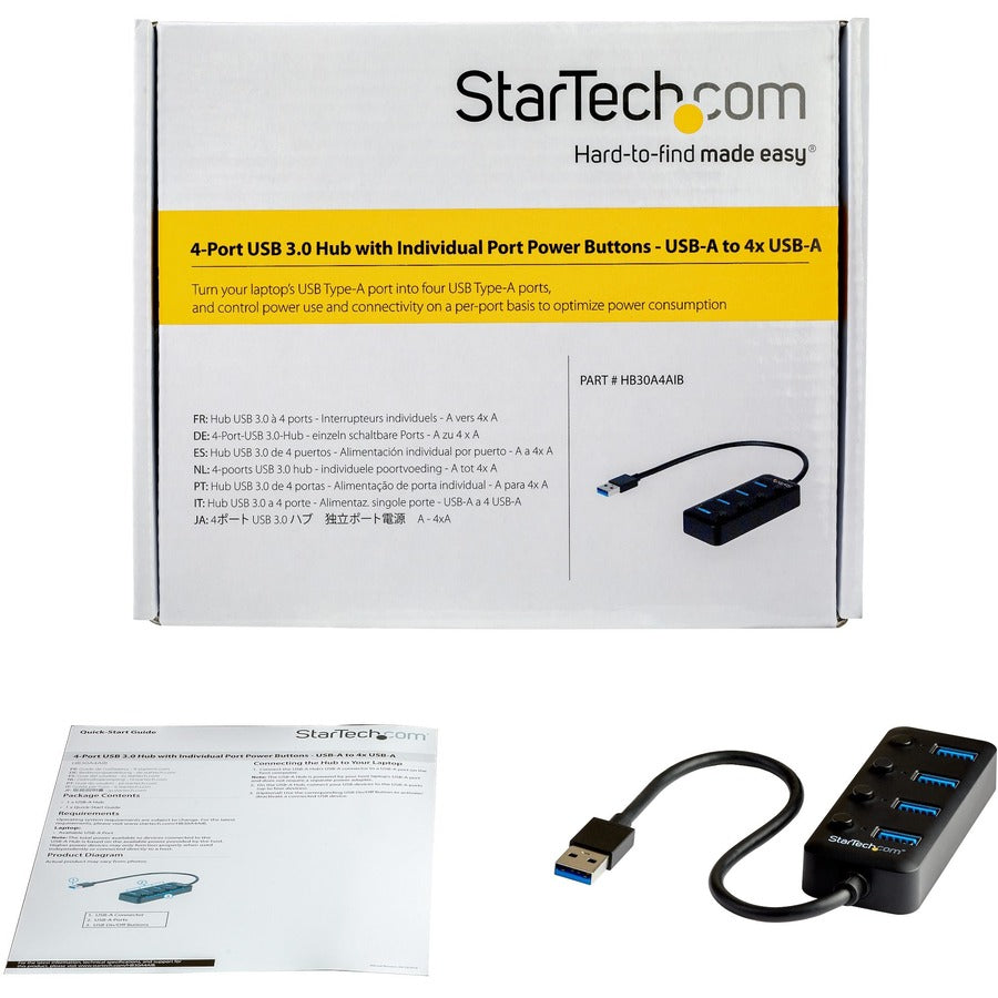 StarTech.com 4 Port USB 3.0 Hub - USB Type-A to 4x USB-A with Individual On/Off Port Switches - SuperSpeed 5Gbps USB 3.2 Gen 1 - Bus Power HB30A4AIB