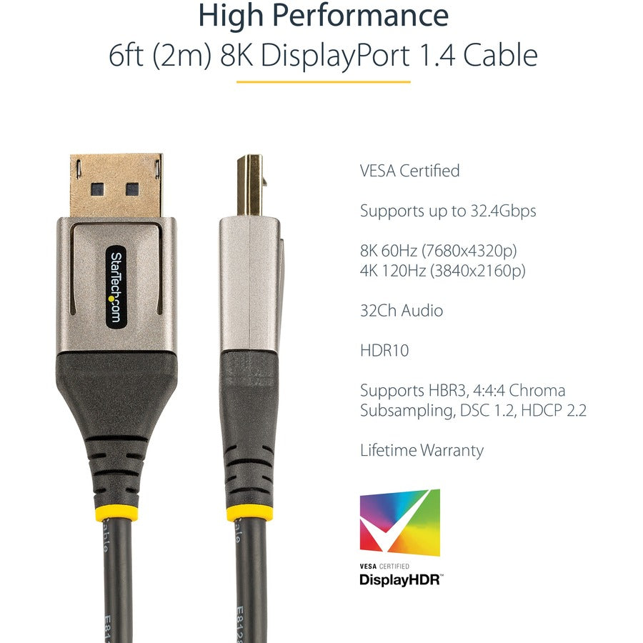 StarTech.com 6ft (2m) VESA Certified DisplayPort 1.4 Cable, 8K 60Hz HDR10, UHD 4K 120Hz Video, DP to DP Monitor Cord, DP 1.4 Cable, M/M DP14VMM2M