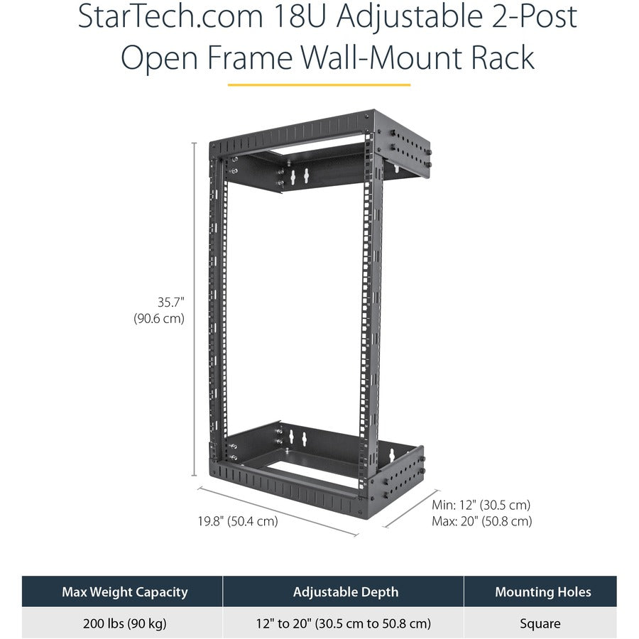 StarTech.com 2-Post 18U Heavy-Duty Wall Mount Network Rack, 19" Open Frame Server Rack with Adjustable Depth, Data Rack for IT Equipment~ RACK-18U-20-WALL-OA