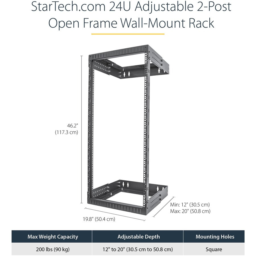 StarTech.com 2-Post 24U Heavy-Duty Wall Mount Network Rack, 19" Open Frame Server Rack with Adjustable Depth, Data Rack for IT Equipment~ RACK-24U-20-WALL-OA