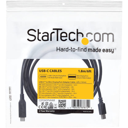 StarTech.com 6 ft. / 1.8 m USB-C to Mini DisplayPort Cable - 4K 60Hz - Black - USB 3.1 Type-C to Mini DP Adapter Cable - mDP Cable CDP2MDPMM6B