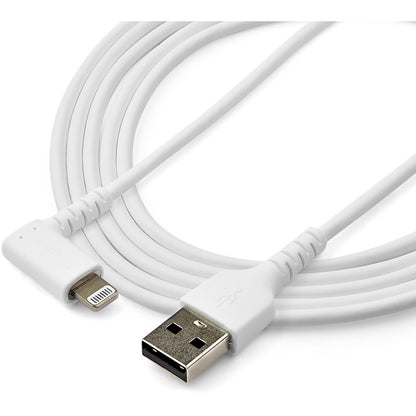 StarTech.com 2m USB A to Lightning Cable iPhone iPad Durable Right Angled 90 Degree White Charger Cord w/Aramid Fiber Apple MFI Certified RUSBLTMM2MWR