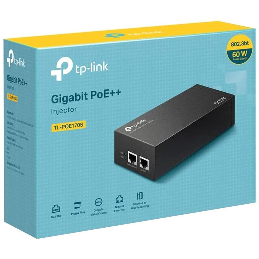 TP-Link TP-Link TL-PoE170S - 802.3at/af/bt Gigabit PoE Injector - Non-PoE to PoE Adapter - Supplies up to 60W (PoE++) - Plug & Play - Desktop/Wall-Mount - Distance Up to 328 ft. - UL Certified - Black TL-POE170S