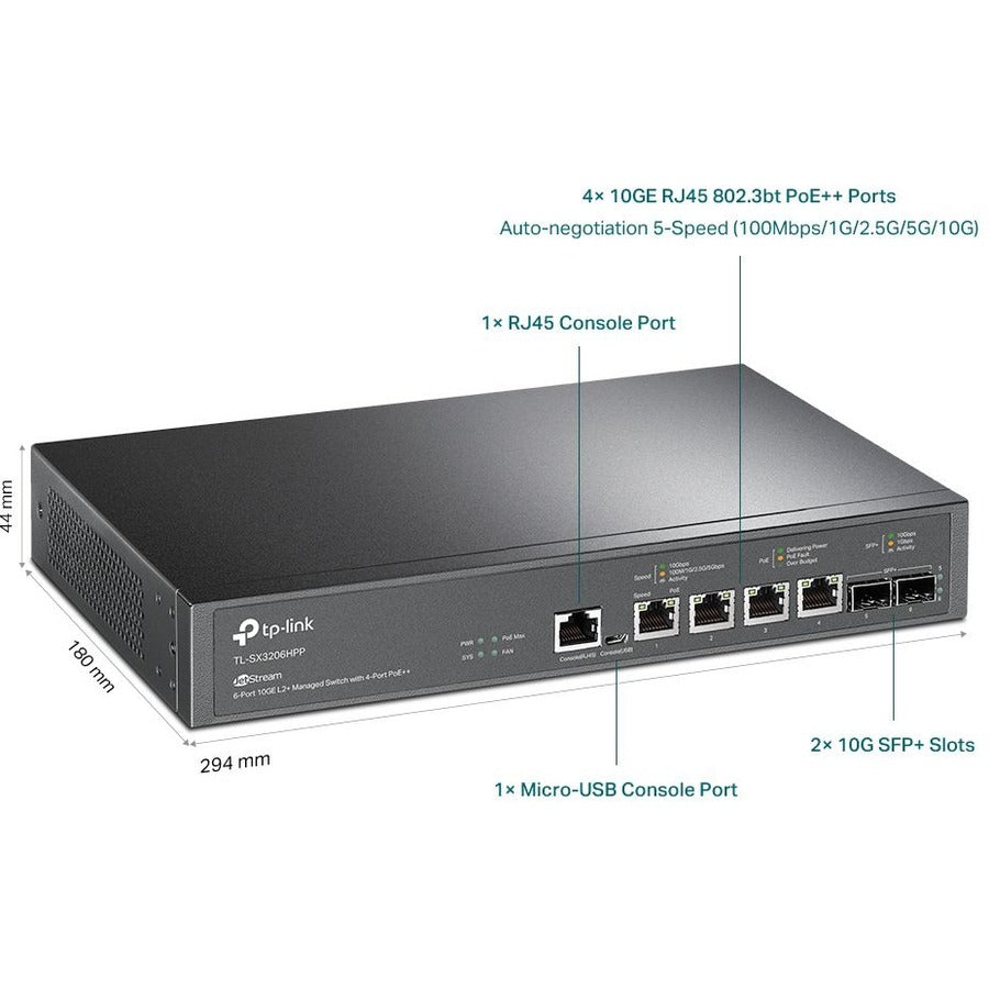 TP-Link JetStream 6-Port 10GE L2+ Managed Switch with 4-Port PoE++ TL-SX3206HPP