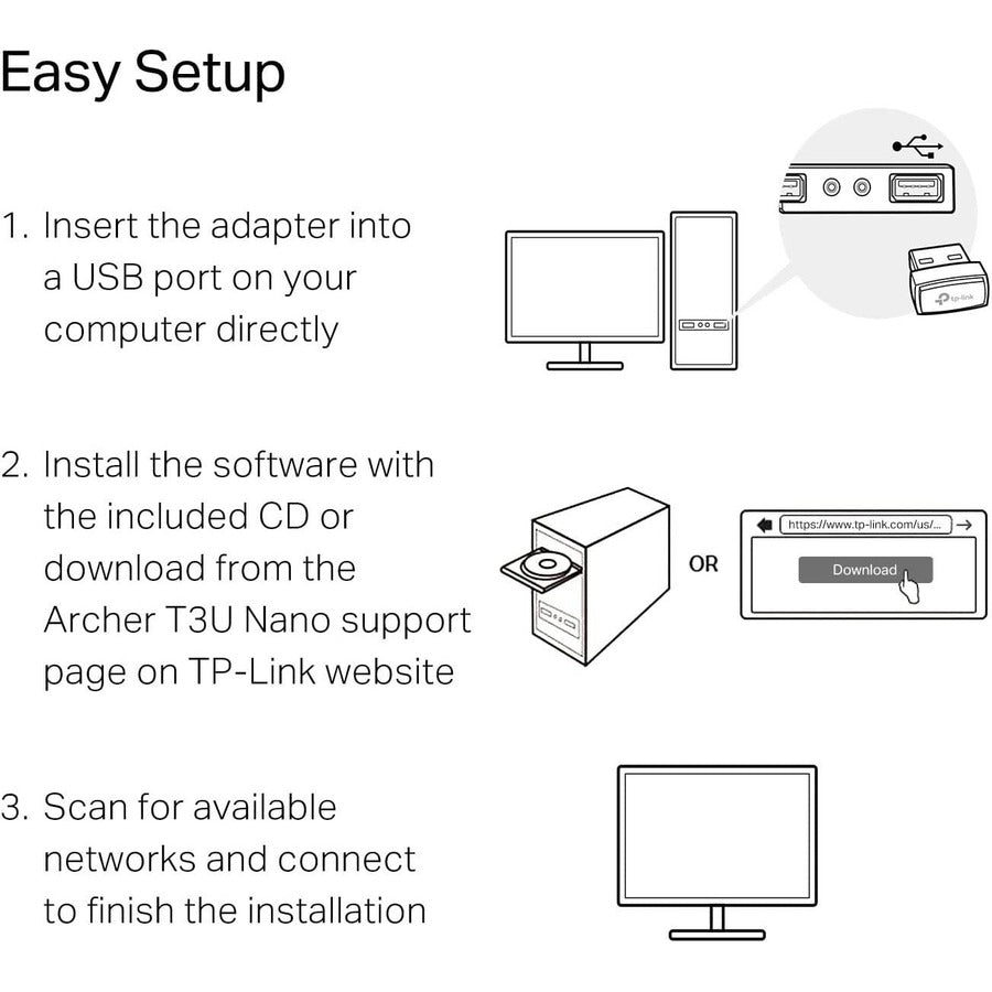 TP-Link Archer T3U Nano - AC1300 2.4G/5G Dual Band Nano USB WiFi Adapter for PC Archer T3U Nano