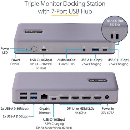 StarTech.com USB-C Docking Station, HDMI/DP/DP Alt Mode USB-C Dock, Triple/Dual 4K, 7x USB Hub, 60W PD, GbE, WWCB Certified DK31C3MNCR