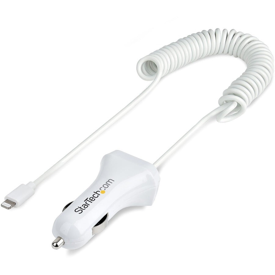 StarTech.com Lightning Car Charger with Coiled Cable, 1m Built-in Cable, 12W, White, 2 Port USB Car Charger Adapter, In Car iPhone Charger USBLT2PCARW2