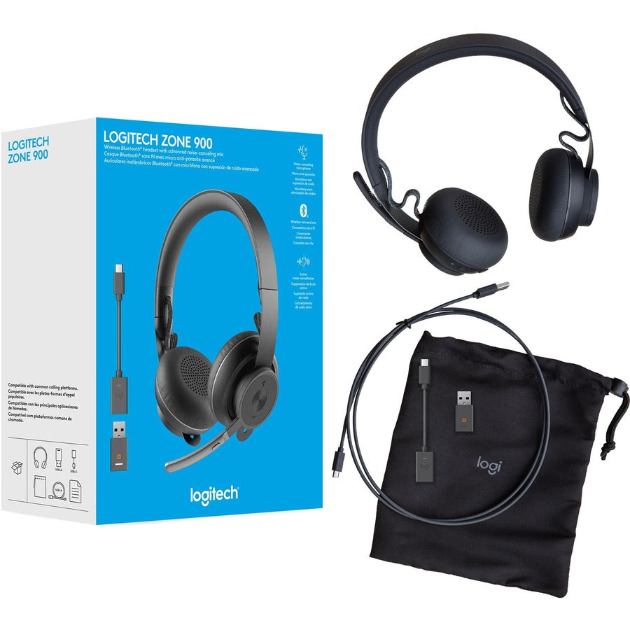 Logitech Zone 900 On-Ear Wireless Bluetooth Headset with advanced noise-canceling microphone, connect up to 6 wireless devices with one receiver, quick access to ANC and Bluetooth 981-001100