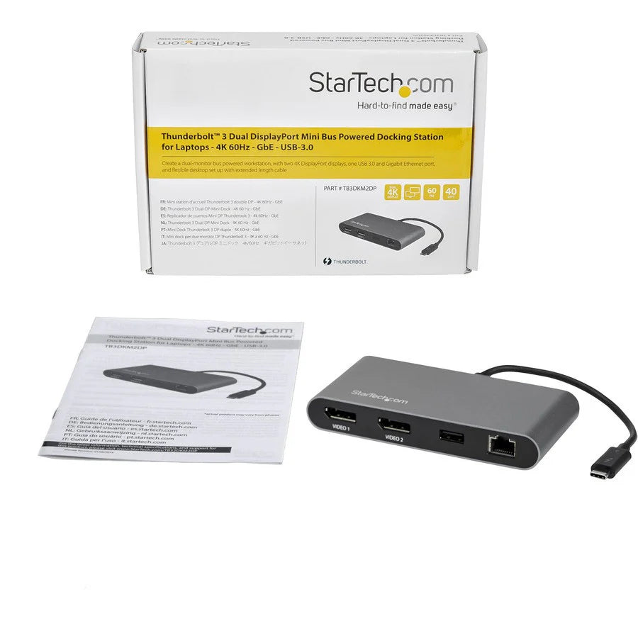 StarTech.com Mini Thunderbolt 3 Dock - MacBook Pro & Windows - Dual 4K 60Hz DisplayPort Docking Station - Bus Powered TB3DKM2DP