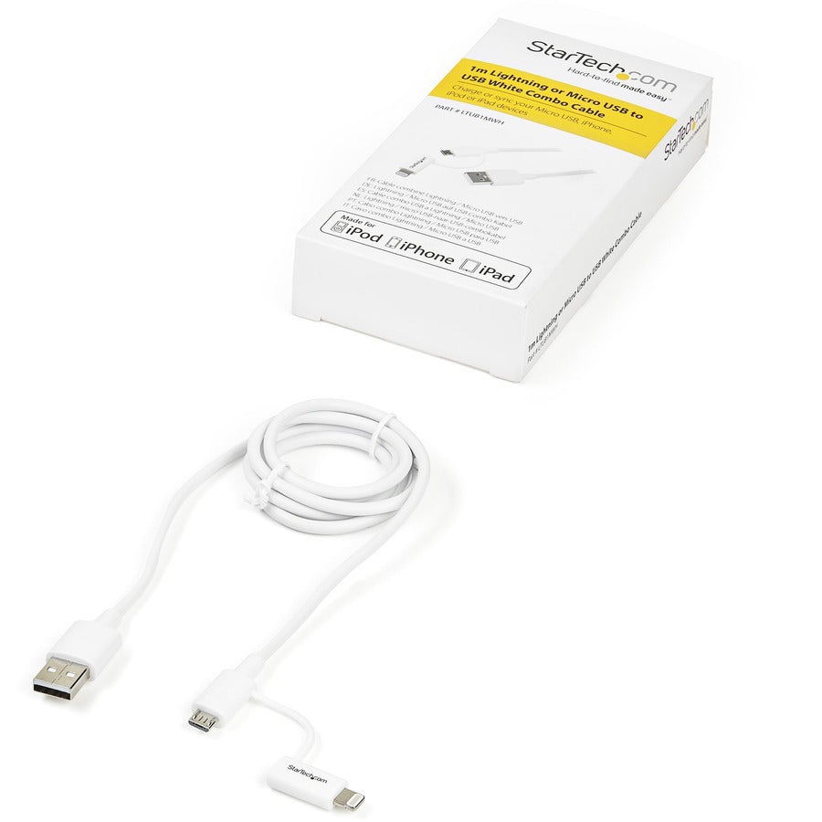 StarTech.com 1m (3ft) Apple Lightning or Micro USB to USB Cable for iPhone / iPod / iPad - White LTUB1MWH