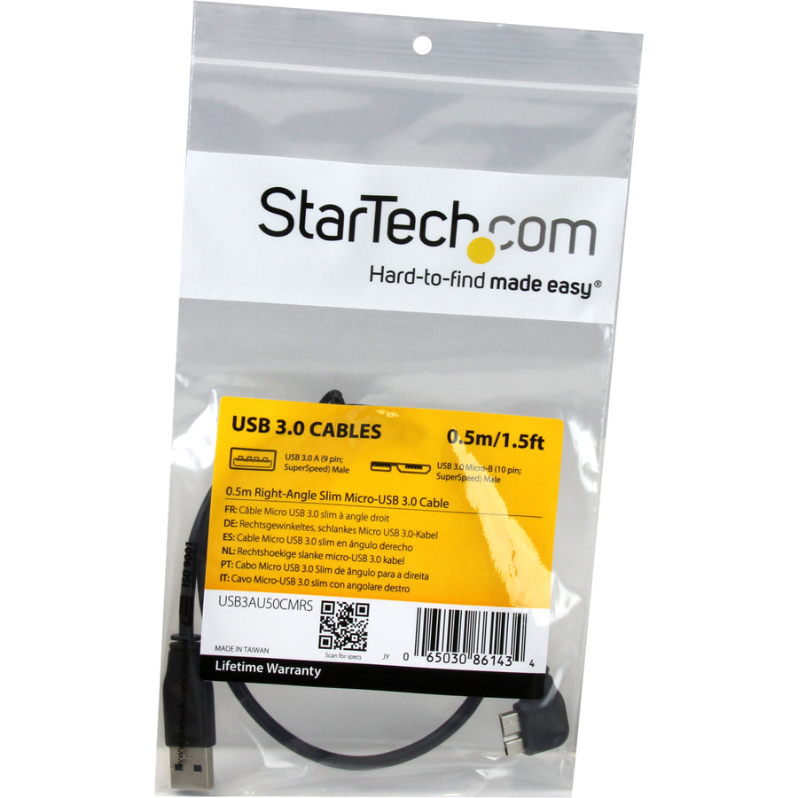 StarTech.com 0.5m 20in Slim Micro USB 3.0 Cable - M/M - USB 3.0 A to Right-Angle Micro USB - USB 3.1 Gen 1 (5 Gbps) USB3AU50CMRS