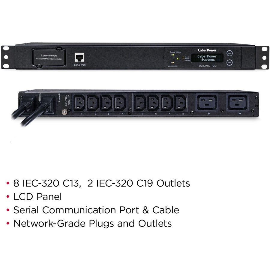 CyberPower PDU20MHVT10AT Metered ATS PDU 200-240V 20A 1U 10-Outlets (2) L6-20P PDU20MHVT10AT