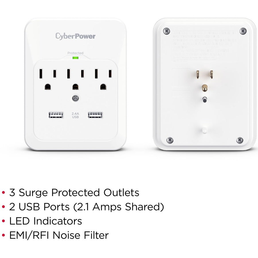 CyberPower CSP300WUR1 Professional 3-Outlets Surge with 600J, 2-2.1A USB and Wall Tap - Plain Brown Boxes CSP300WUR1