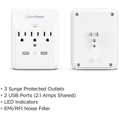 CyberPower CSP300WUR1 Professional 3-Outlets Surge with 600J, 2-2.1A USB and Wall Tap - Plain Brown Boxes CSP300WUR1