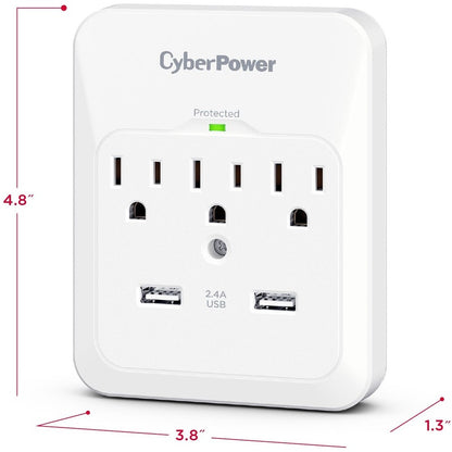 CyberPower CSP300WUR1 Professional 3-Outlets Surge with 600J, 2-2.1A USB and Wall Tap - Plain Brown Boxes CSP300WUR1