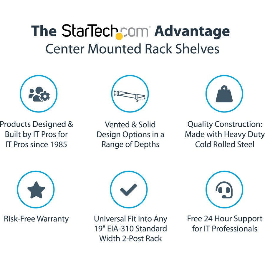 StarTech.com 2U 19" 2-Post Network Rack Cabinet Shelf 20in Deep Center Mount Cantilever Tray Rackmount for AV/Data Equipment 75lb Capacity CABSHF2POST2