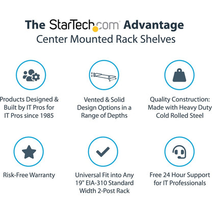 StarTech.com 2U 19" 2-Post Network Rack Cabinet Shelf 20in Deep Center Mount Cantilever Tray Rackmount for AV/Data Equipment 75lb Capacity CABSHF2POST2