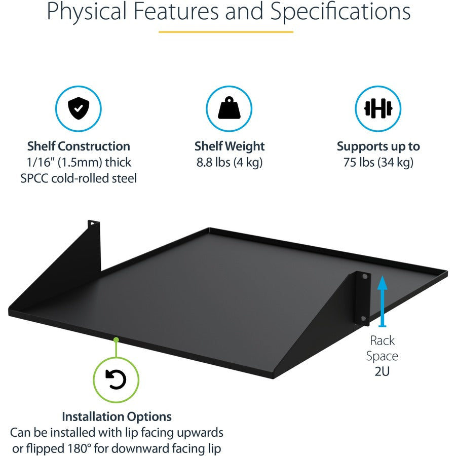 StarTech.com 2U 19" 2-Post Network Rack Cabinet Shelf 20in Deep Center Mount Cantilever Tray Rackmount for AV/Data Equipment 75lb Capacity CABSHF2POST2