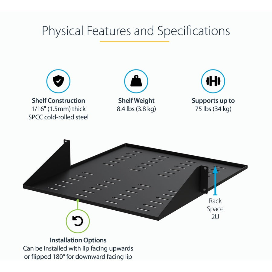 StarTech.com 2 Post Server Rack Shelf - Vented - Center Mount - Up to 75 lb. - 2 post Network Rack Shelf (CABSHF2POSTV2) CABSHF2POSTV2