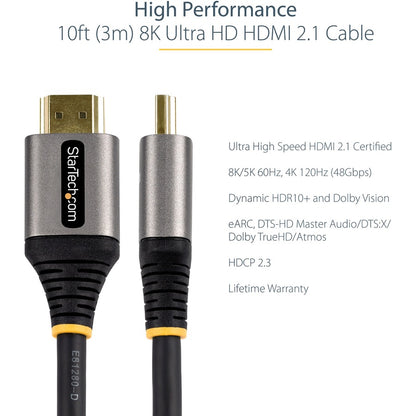 StarTech.com 10ft/3m HDMI 2.1 Cable, Certified Ultra High Speed HDMI Cable 48Gbps, 8K 60Hz/4K 120Hz HDR10+, 8K HDMI Cable, Monitor/Display HDMM21V3M