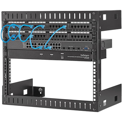 StarTech.com 8U 19" Wall Mount Network Rack, 12" Deep 2 Post Open Frame Server Room Rack for Data/AV/IT/Computer Equipment/Patch Panel with Cage Nuts & Screws 135lb Weight Capacity, Black RK812WALLO