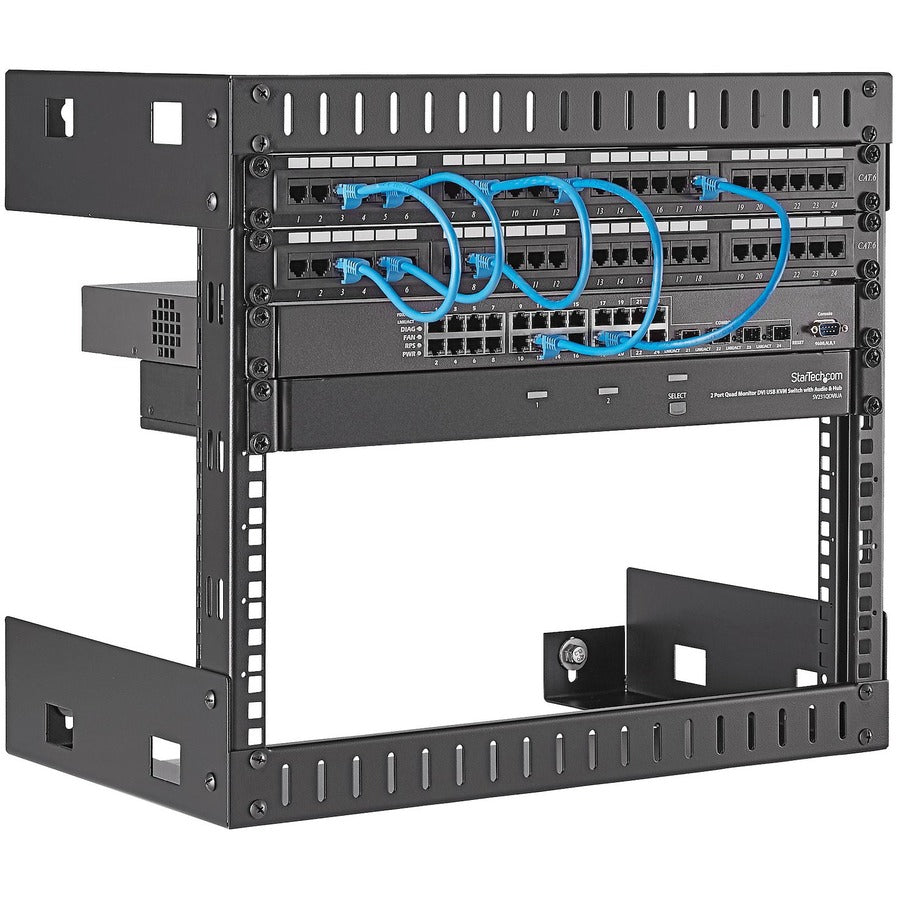 StarTech.com 8U 19" Wall Mount Network Rack, 12" Deep 2 Post Open Frame Server Room Rack for Data/AV/IT/Computer Equipment/Patch Panel with Cage Nuts & Screws 135lb Weight Capacity, Black RK812WALLO