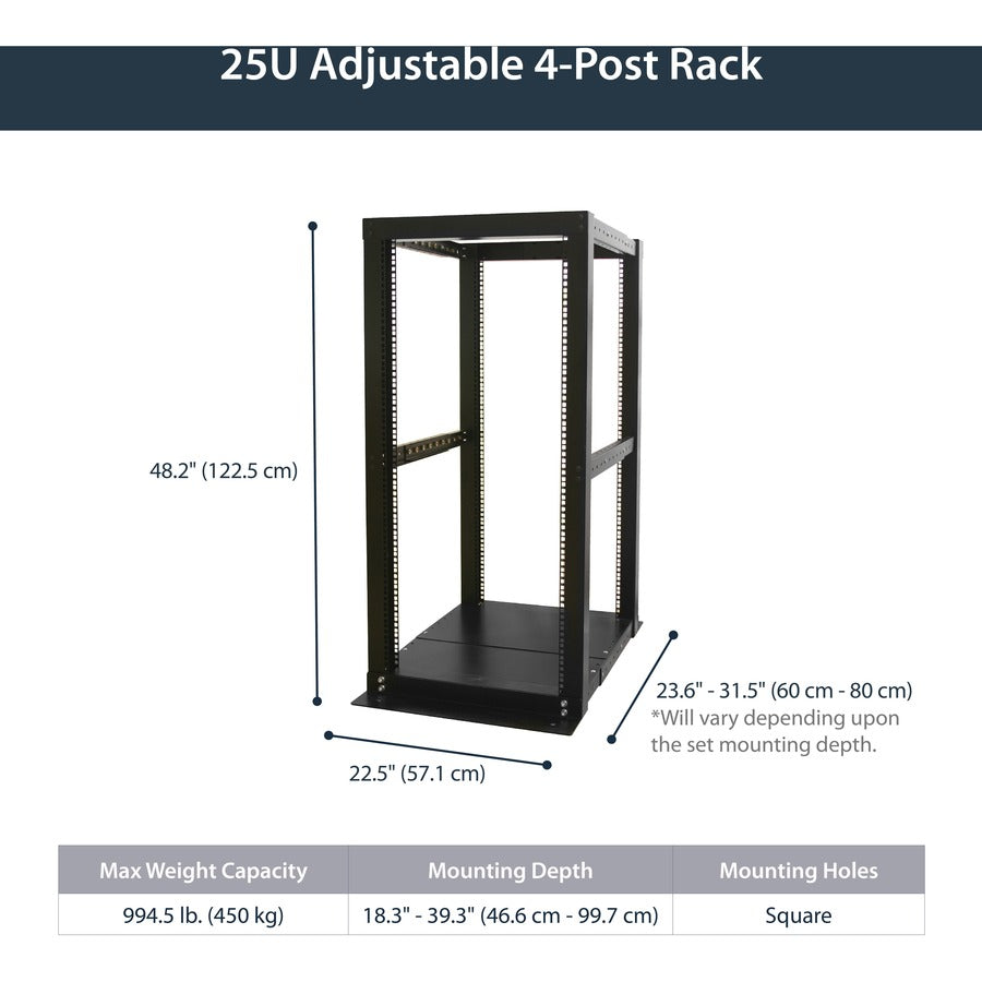 StarTech.com 4 Post Open Frame Rack - 25U Rack Cabinet - Heavy Gauge Mounting Rails - Open Frame - Server Rack (4POSTRACK25) 4POSTRACK25