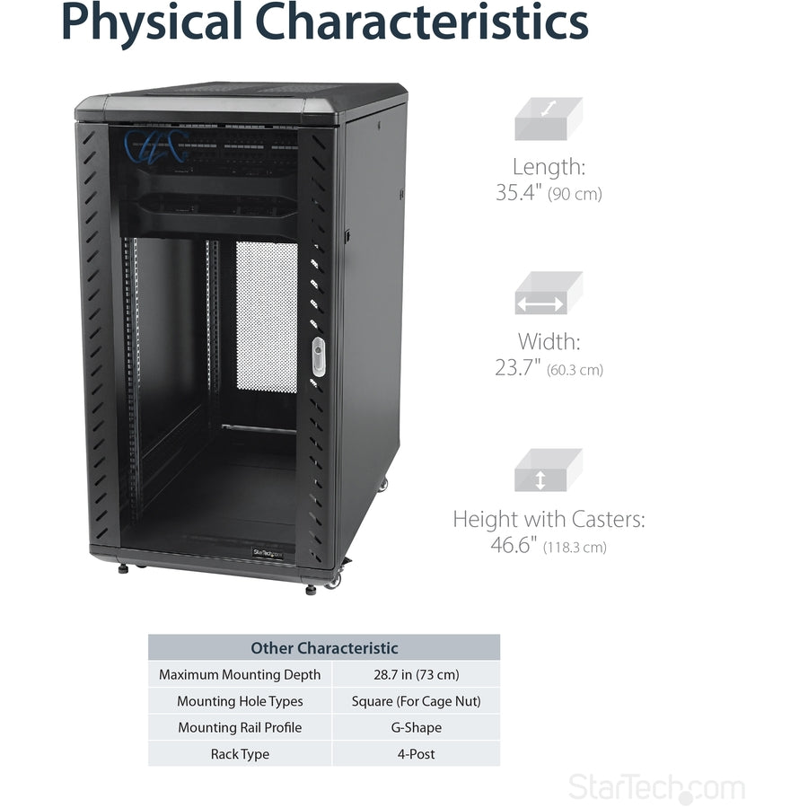 StarTech.com 22U Server Rack Cabinet on Wheels - 36 inch Adjustable Depth - Portable Network Equipment Enclosure (RK2236BKF) RK2236BKF