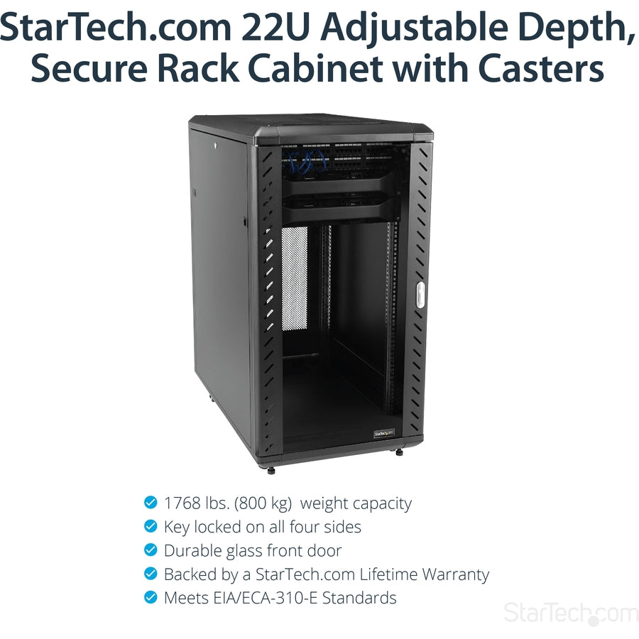 StarTech.com 22U Server Rack Cabinet on Wheels - 36 inch Adjustable Depth - Portable Network Equipment Enclosure (RK2236BKF) RK2236BKF