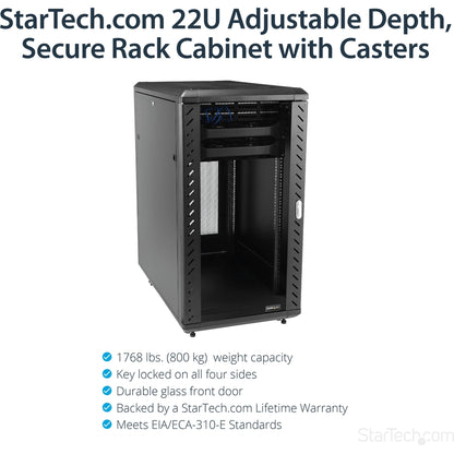 StarTech.com 22U Server Rack Cabinet on Wheels - 36 inch Adjustable Depth - Portable Network Equipment Enclosure (RK2236BKF) RK2236BKF