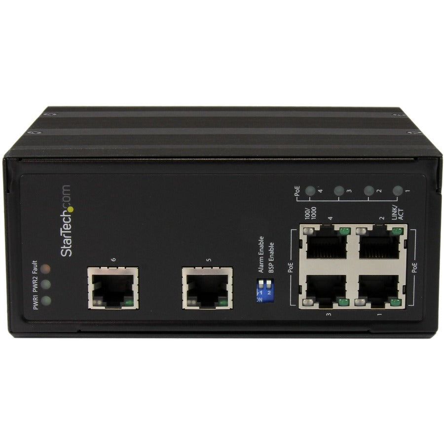 StarTech.com 6 Port Unmanaged Industrial Gigabit Ethernet Switch w/ 4 PoE+ Ports and Voltage Regulation - DIN Rail / Wall-Mountable IES61002POE