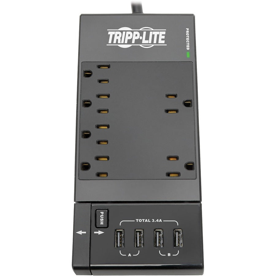 Tripp Lite Surge Protector Power Strip 6-Outlet w/4 USB Charging/Sync Ports - 6 x NEMA 5-15R, 4 x USB - 1800 VA - 1080 J - 120 V AC Input TLP66USBR