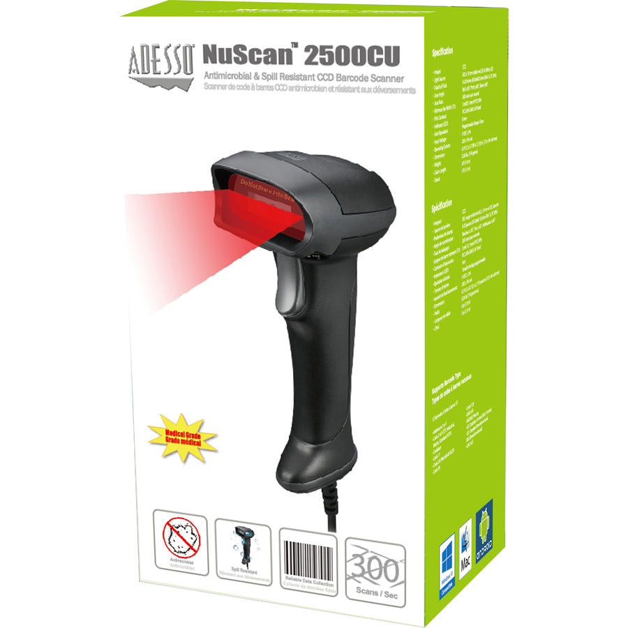 Adesso NuScan 2500CU Spill Resistant Antimicrobial CCD Barcode Scanner NUSCAN 2500CU