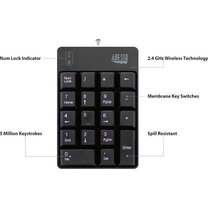 Adesso Wireless Spill Resistant 18-Key Numeric Keypad WKB-6010UB